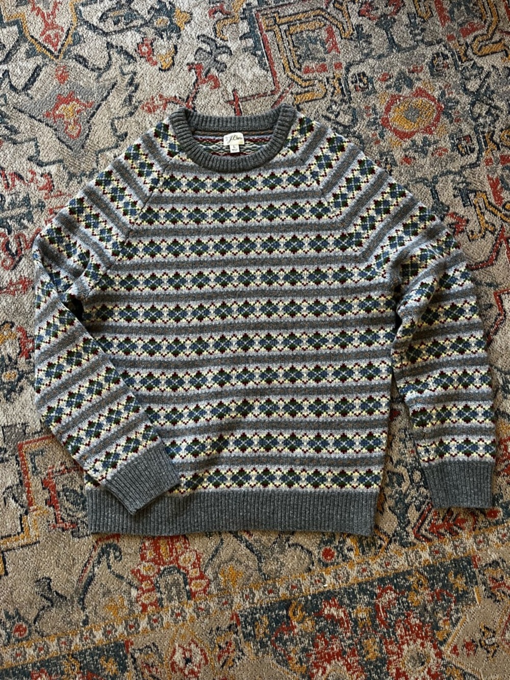 J. Crew Grey Fair Isle Crewneck Sweater with Blue, Green, Cream & Brown Accents
